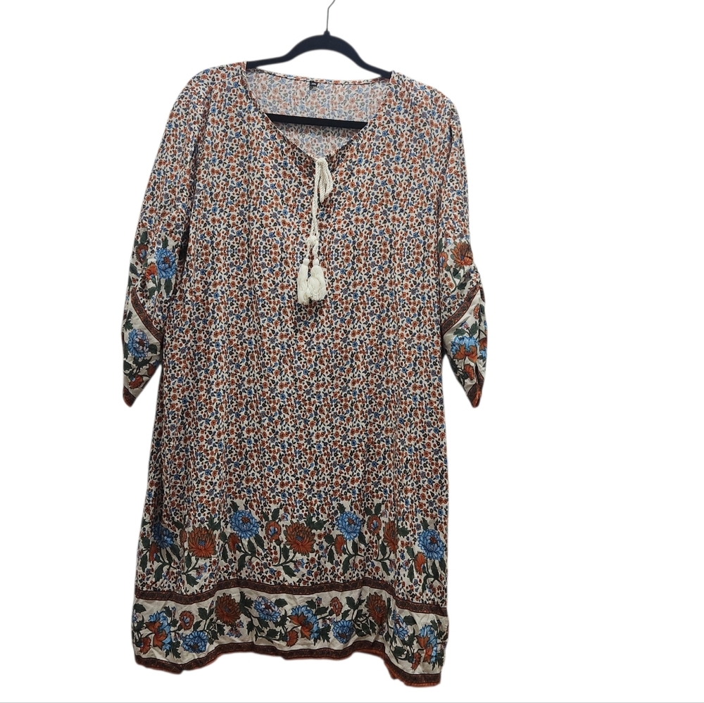 Boho Ditzy Floral Border Tunic Dress in Multi-Color Size XXL 3/4 Ruched Sleeves